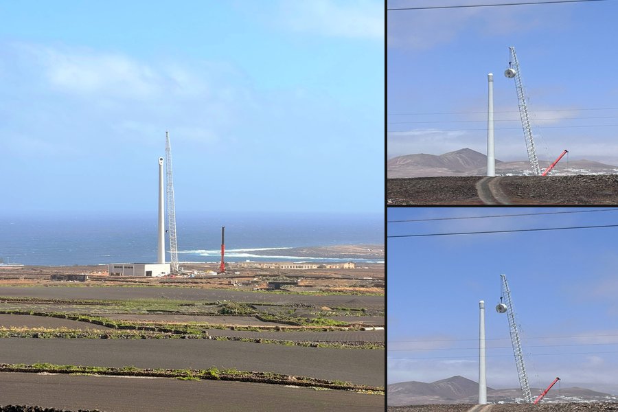  Collage con imágenes del aerogenerador del proyecto de regadío de Teguise y Tinajo en proceso de instalación. Fotos: Elpejeverde.com / Ecologistas en Acción Lanzarote