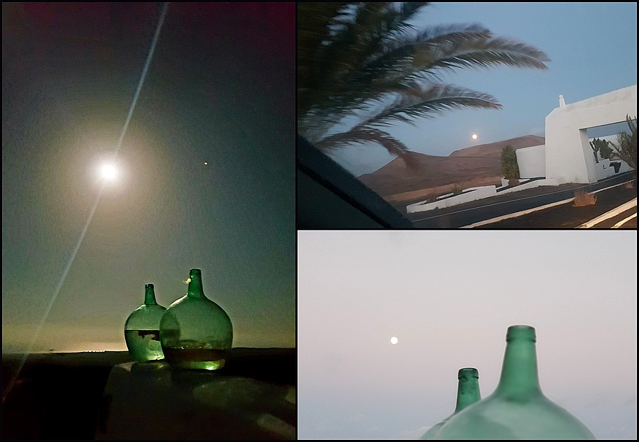 La luna llena sobre distintos rincones de Lanzarote: en el norte de la isla, sobre las damajuanas al caer la noche, y asomando tras los volcanes junto a la ermita / Foto: Elpejeverde.com