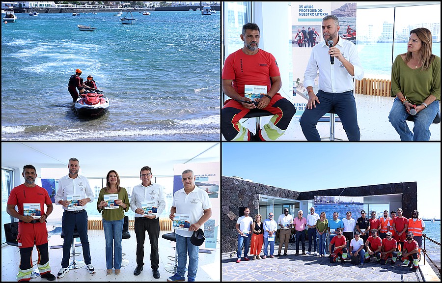 Presentación de la Guía de Seguridad en Actividades Náuticas en el Islote de Fermina, con simulacro de rescate de los bomberos en la bahía de Arrecife, rueda de prensa y foto de familia de autoridades y efectivos / Foto: Consorcio de Seguridad y Emergencias de Lanzarote