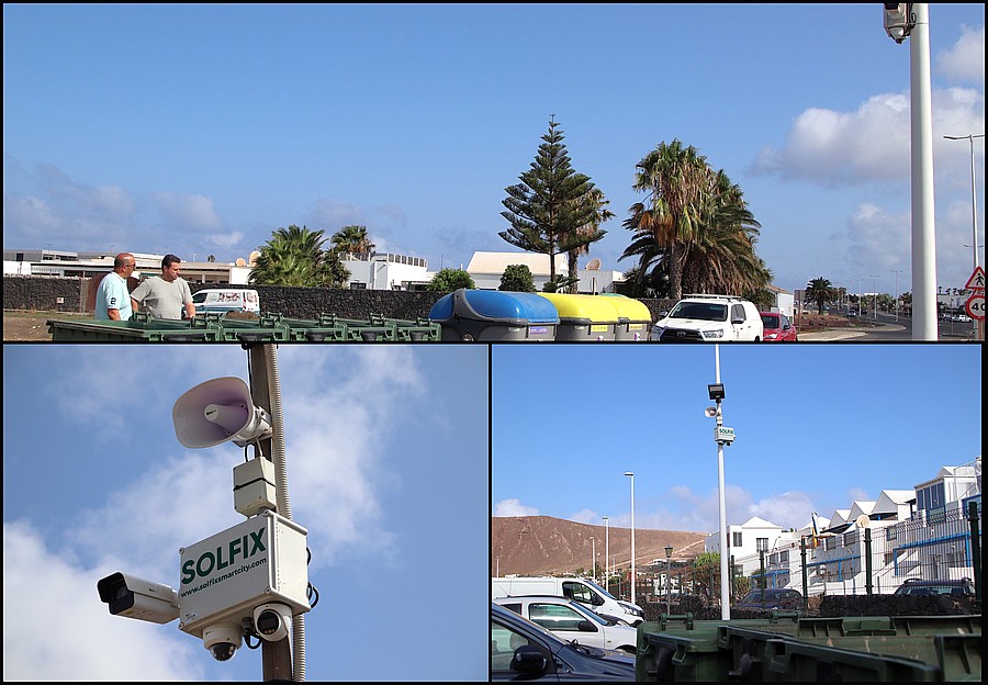 El sistema de audio y videovigilancia instalado por el Ayuntamiento de Yaiza junto a puntos de contenedores del municipio, con detalle de las cámaras y el altavoz del equipo Solfix / Foto: Elpejeverde.com