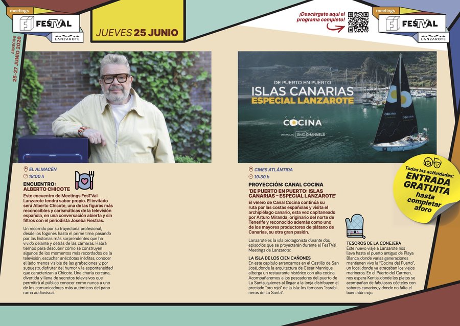 Cartel de la jornada inaugural de Meetings FesTVal Lanzarote, con Alberto Chicote como protagonista y la proyección del especial de Canal Cocina dedicado a la isla / Foto: FesTVal-SPEL Turismo Lanzarote
