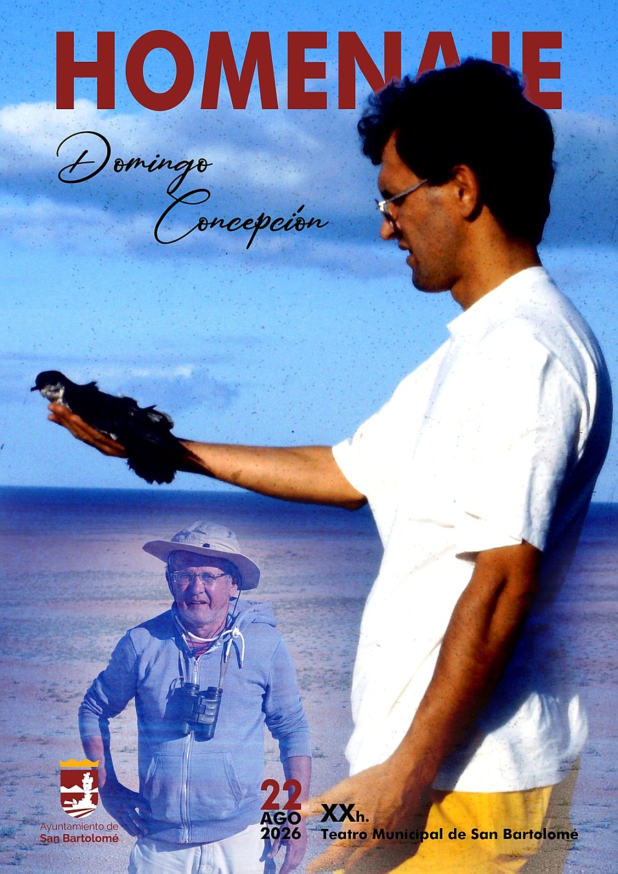 Cartel del Memorial Domingo Concepción, con dos imágenes del biólogo: de joven, con una pardela cenicienta en la mano, y en sus últimos años, con los prismáticos de siempre / Foto: Comisión promotora del Memorial