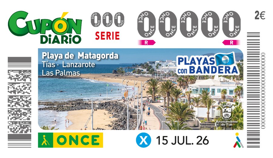 El cupón de la ONCE del 15 de julio de 2026, con la imagen de la Playa de Matagorda, en Tías, dentro de la serie 'Playas con Bandera' / Foto: ONCE