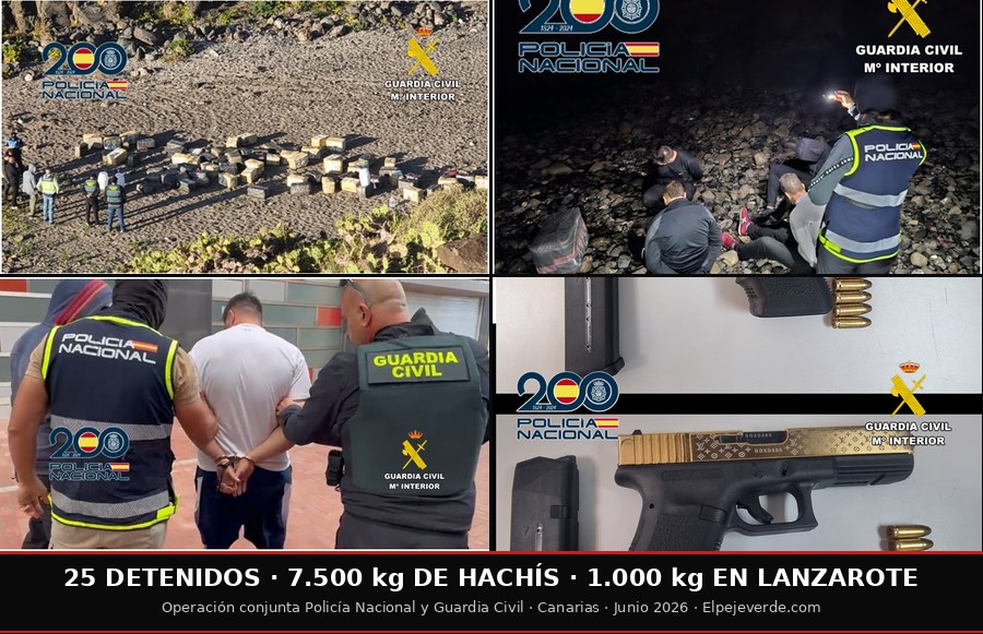 Imágenes de la operación conjunta de la Policía Nacional y la Guardia Civil que desarticuló una organización criminal dedicada al tráfico de hachís en Canarias: los fardos intervenidos en Sardina del Norte, la detención nocturna en la costa, uno de los 25 arrestados y el arma intervenida. Foto: Policía Nacional / Guardia Civil