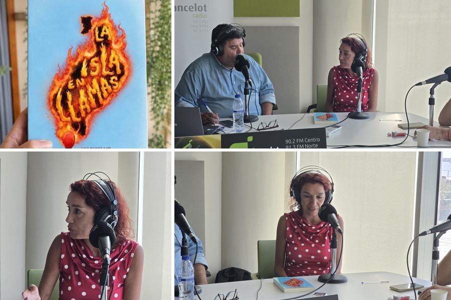 Portada de La isla en llamas y la autora Mar Arias Couce, este jueves en los estudios de Lancelot Radio / Fotos: Elpejeverde.com