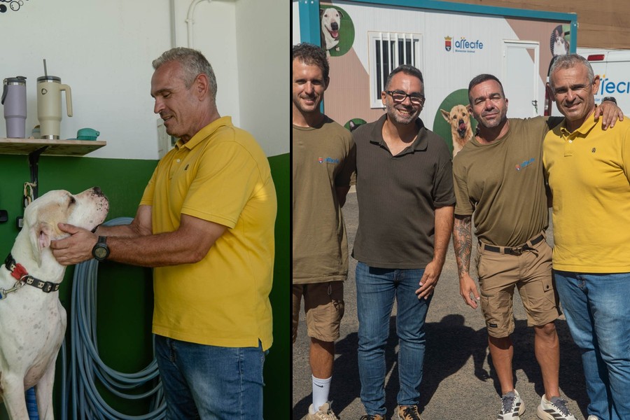 El concejal Jacobo Lemes, con un perro en las instalaciones municipales, y junto al equipo del Centro de Protección Animal de Arrecife / Foto: Ayuntamiento de Arrecife