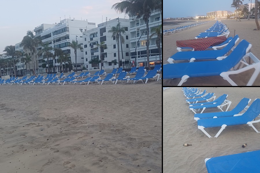 Hamacas vacías al amanecer en la playa del Reducto, con una manta olvidada y botellas en la arena / Foto: Elpejeverde.com